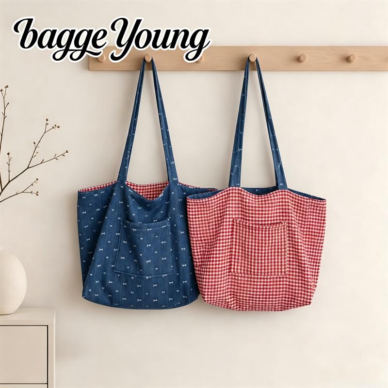 Baggeyoung两面背红格牛仔托特包