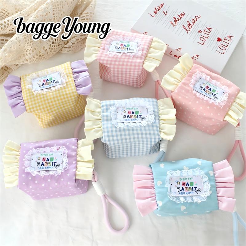 Bagge young甜美格子波点糖果造型收纳小包木耳边可爱手提零钱包