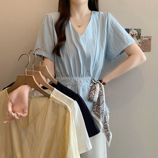 女優(yōu)雅休閑v領(lǐng)正肩絲帶小衫 2025夏裝 新款 胖mm大碼 上衣