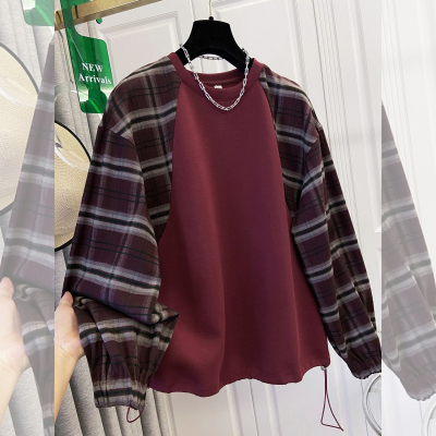 大码安可拉红色正肩卫衣女秋冬季胖mm格子插肩袖复古上衣