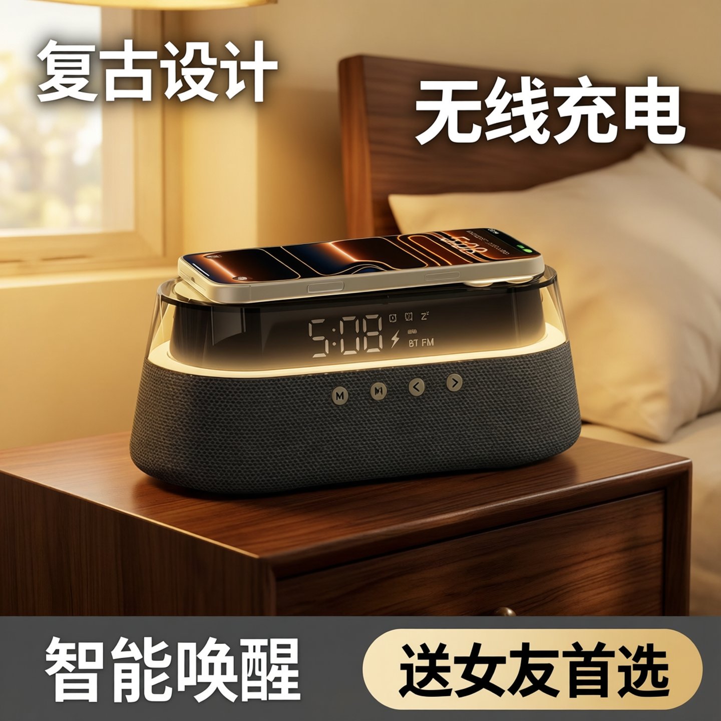 物亦物音响小夜灯蓝牙音箱无线充电闹钟复古设计生日礼物送女友
