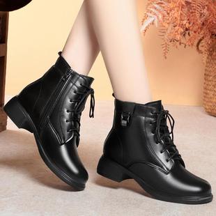 加绒绑带英伦风小皮鞋冬季中年软底妈妈鞋真皮靴子粗跟马丁靴软底