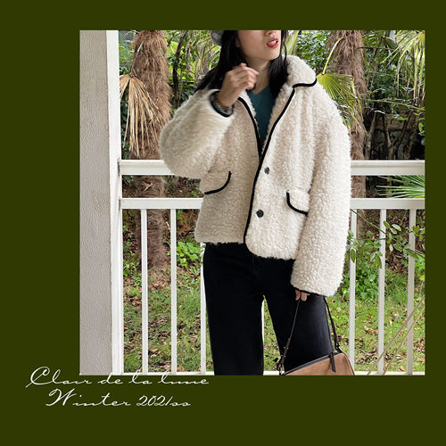 Clair de la lune_“圈圈颗粒绒” 撞色边羊羔夹棉厚短款外套加厚