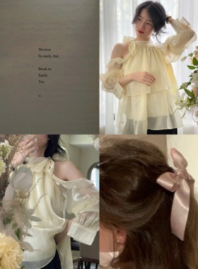 {微醺起泡杏}_22秋 珠光系列缎面细闪绑带式欧根纱 露肩衬衫上衣