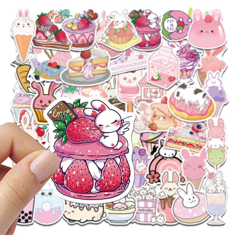 50张夏日粉色甜点兔卡通贴纸可爱冰淇淋蛋糕少女心手账贴防水贴画