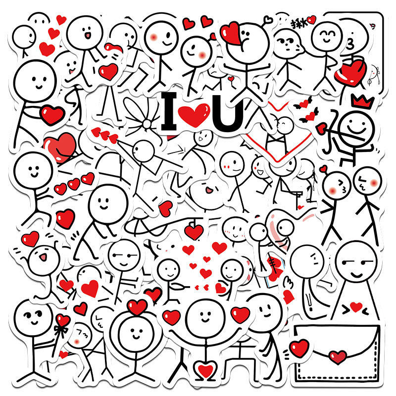 50张火柴人贴纸简单小众爱心贴画手机壳diy制作奶茶贴手帐防水