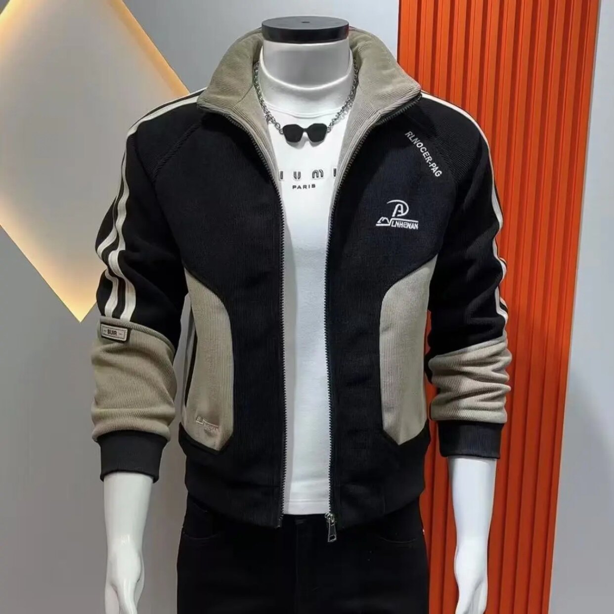 轻熟风立领加绒夹克男冬季修身青年拼色保暖外套痞帅潮男时尚外套