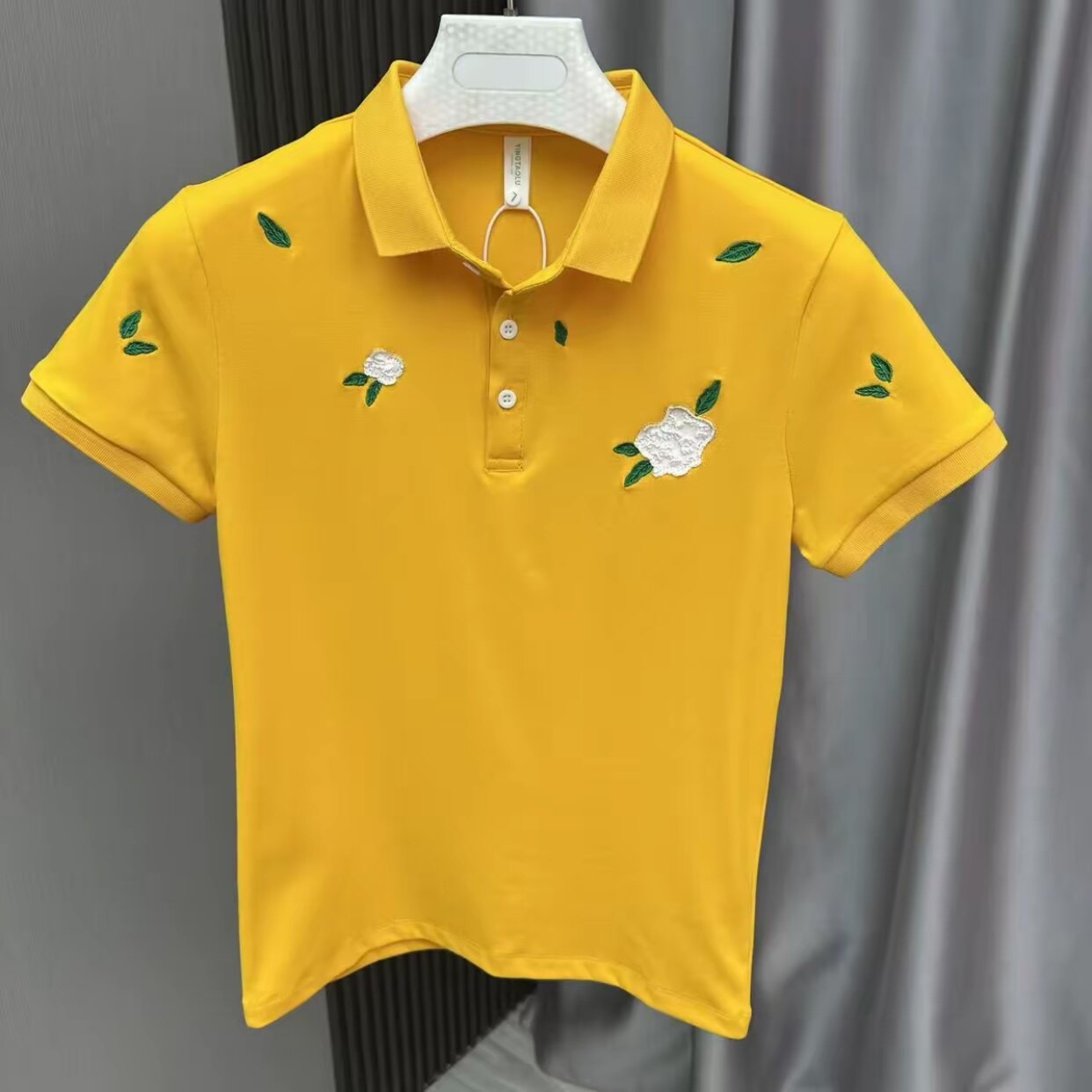 刺绣短袖翻领POLO衫男夏季冰丝高级感痞帅T恤黄色时尚气质短袖潮.
