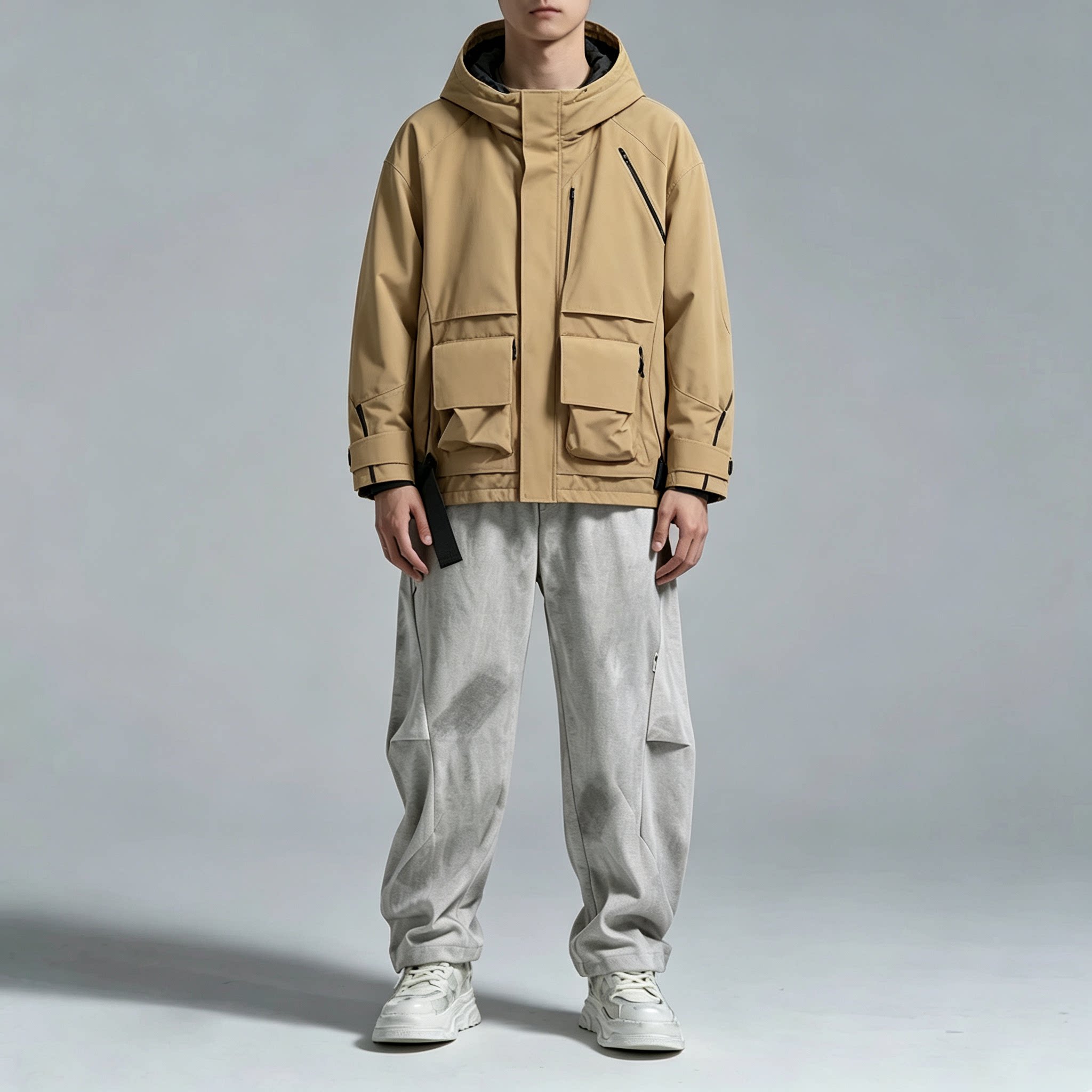 素拼男装冬季新款羽绒服鹅绒服长袖常规款宽松保暖连帽工装多口袋