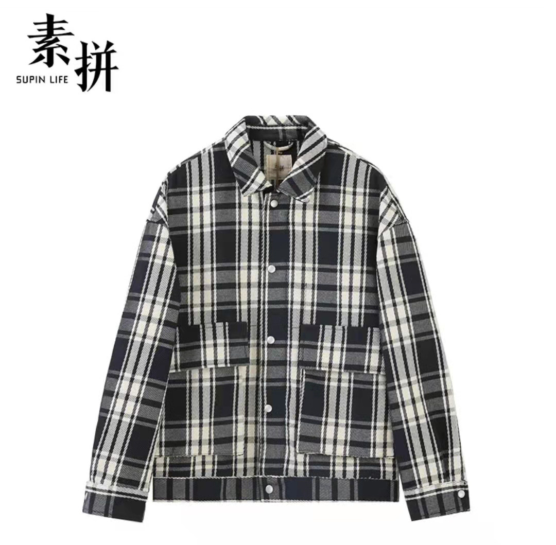 素拼方领春秋宽松方格