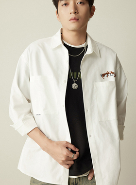 素拼男装春秋季新款长袖衬衫宽松休闲印花质感衬衣SPACS435050AM