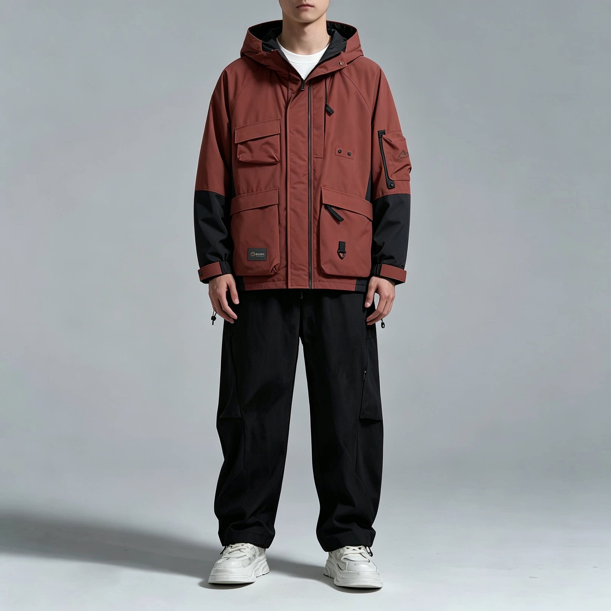 素拼男装冬季羽绒服长袖户外鹅绒男士保暖休闲风工装多口袋连帽