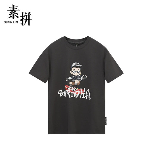 素拼男装夏季新款短袖T恤黑标5A刺绣宽松圆领SPADT423089BM