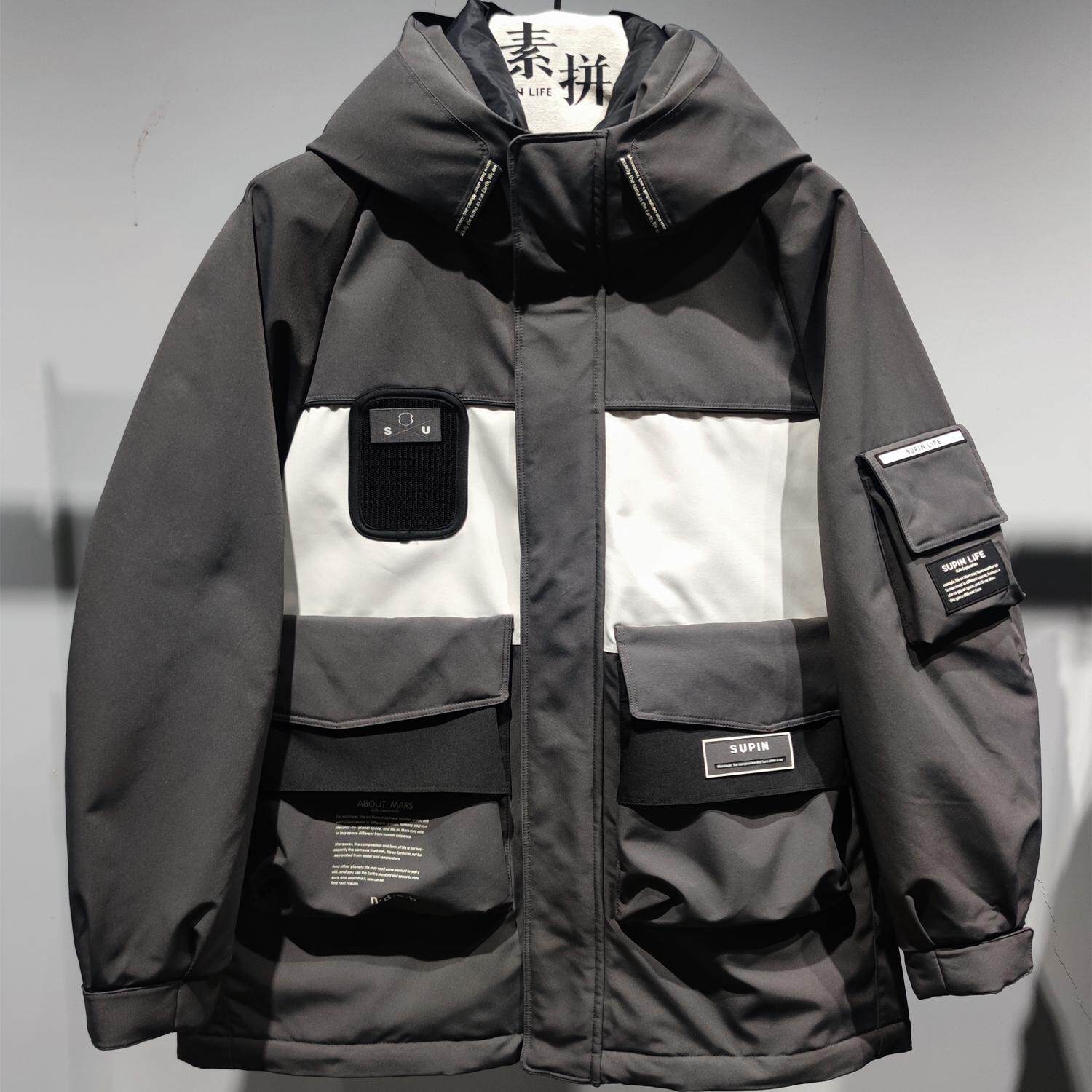 素拼男装冬季新款羽绒服鹅绒中长款痞帅连帽工装户外保暖