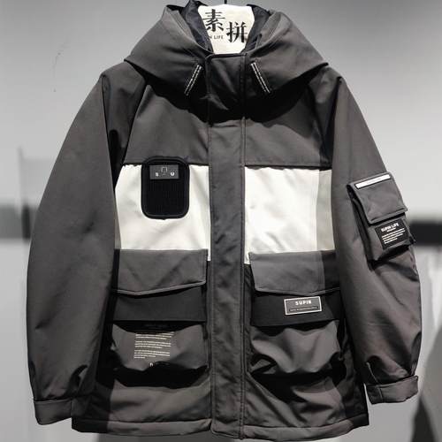 素拼青春流行连帽中长鹅绒羽绒服