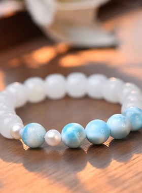 海芋恋手链天然和田玉老型珠手链多米尼加海纹石手链配淡水珍珠