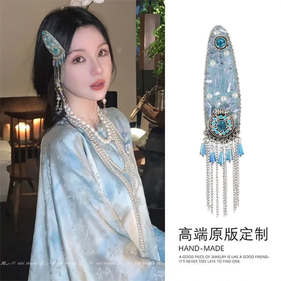 新中式蓝色水晶流苏发夹