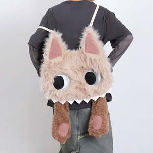 苏小塔呲牙捂脸猫咪双肩包女小众可爱秋冬毛绒绒大容量单肩斜挎包
