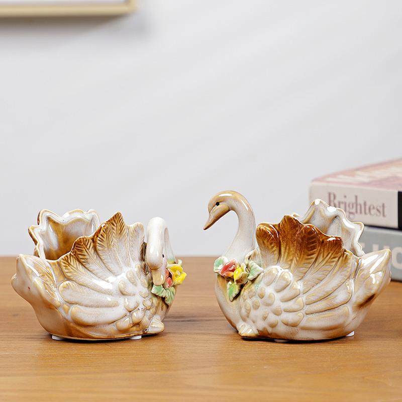 德化陶瓷立体玫瑰天鹅动物收纳储物笔筒欧式立体花盆家居装饰摆件,家居饰品,装饰摆件,淘宝优惠券,粉丝福利购,淘宝优惠卷