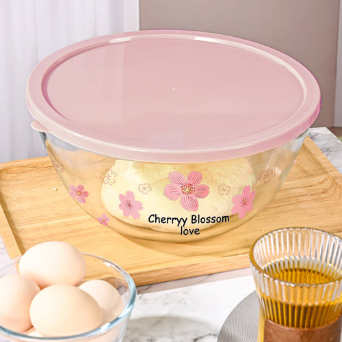 耐热不粘家用小清新盖子款盆收纳樱花贴花汤碗和面盆lc