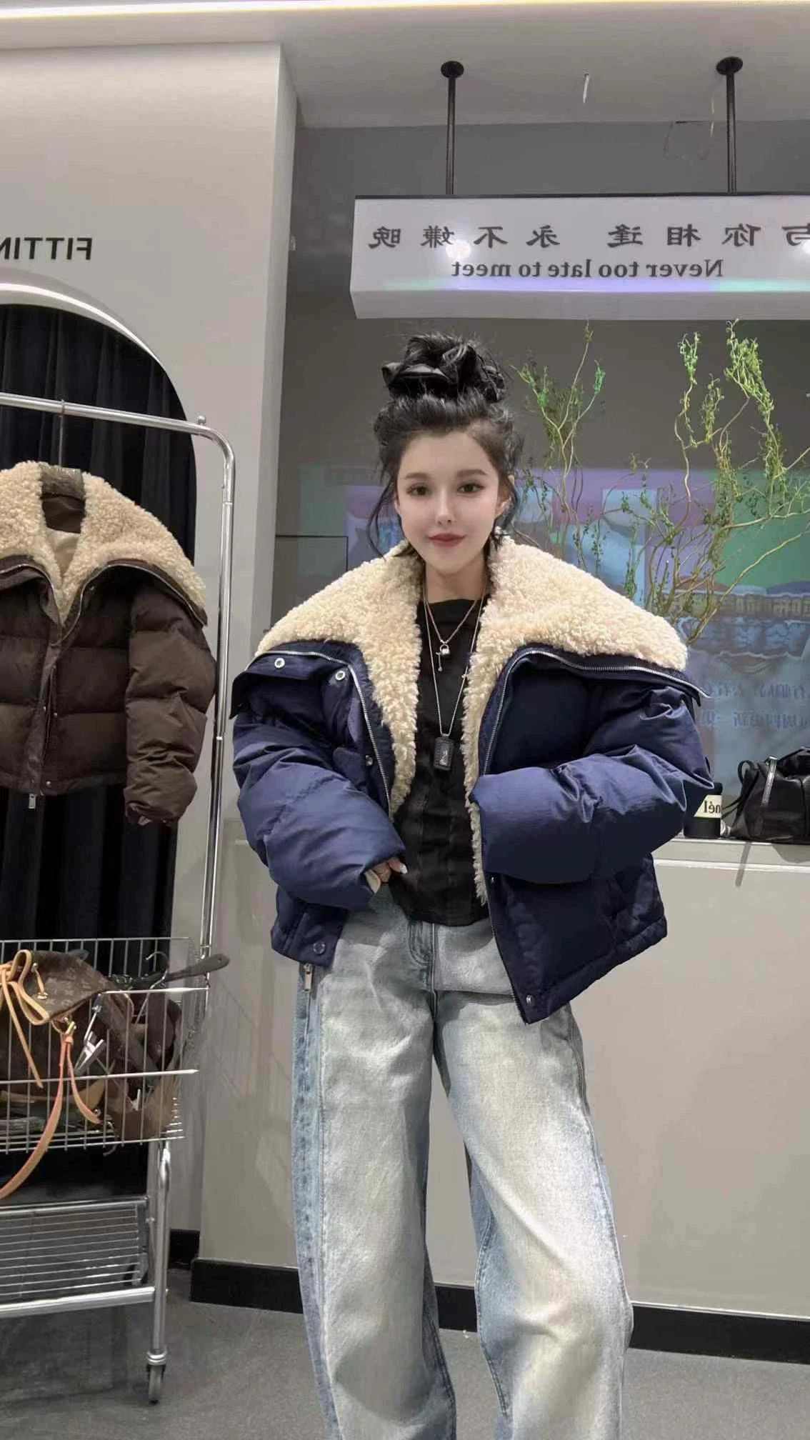 韩国海军风棉服2024冬新款羊羔毛披肩慵懒宽松外套女个性独特名媛