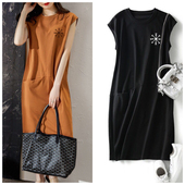 新款 短袖 女装 夏季 流行宽松显瘦雪花无袖 T恤连衣裙中长口袋仙女裙