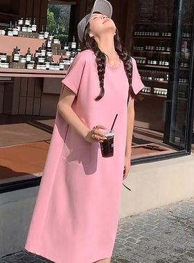 优雅气质中长款T恤裙女2025夏季新款简约百搭宽松大码显瘦连衣裙