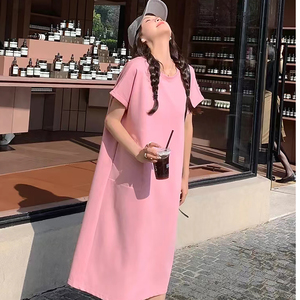 优雅气质中长款T恤裙女2025夏季新款简约百搭宽松大码显瘦连衣裙
