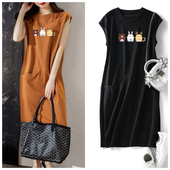 新款 短袖 女装 夏季 流行宽松显瘦可爱无袖 T恤连衣裙中长口袋仙女裙