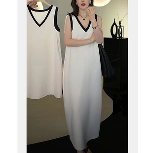 V领白色无袖 宽松显瘦背心连衣裙女韩版 连衣裙双面穿 新款 2025夏季