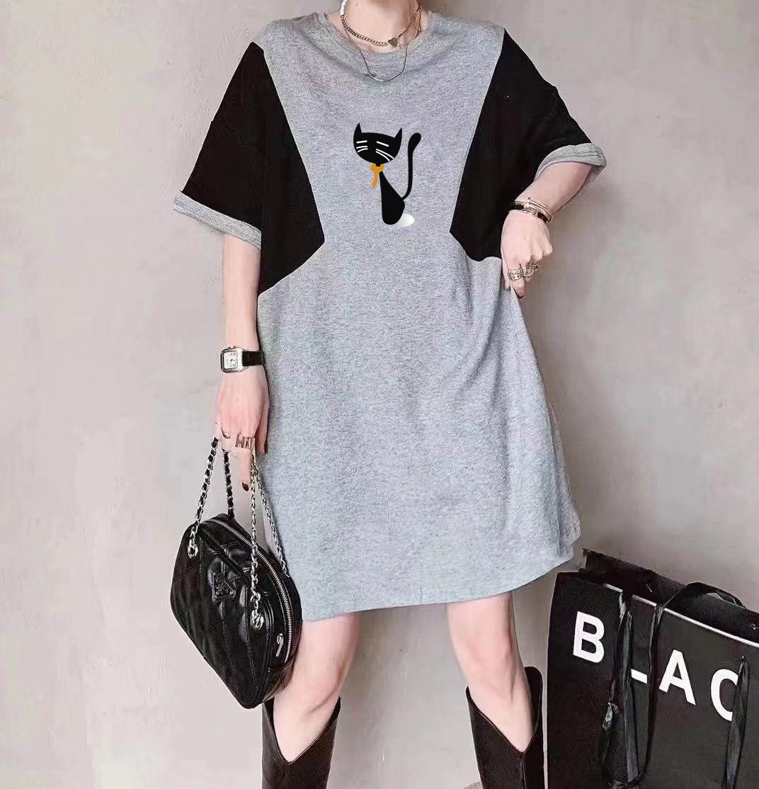 夏季新款大码女装运动风圆领休闲猫咪印花中长款短袖T恤裙连衣裙,女装/女士精品,连衣裙,淘宝优惠券,粉丝福利购,淘宝优惠卷
