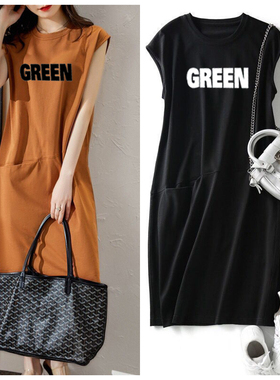 夏季新款短袖女装流行宽松显瘦字母无袖T恤连衣裙中长口袋仙女裙