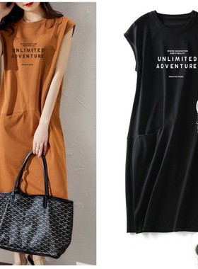 夏季新款短袖女装流行宽松显瘦字母无袖T恤连衣裙中长口袋仙女裙