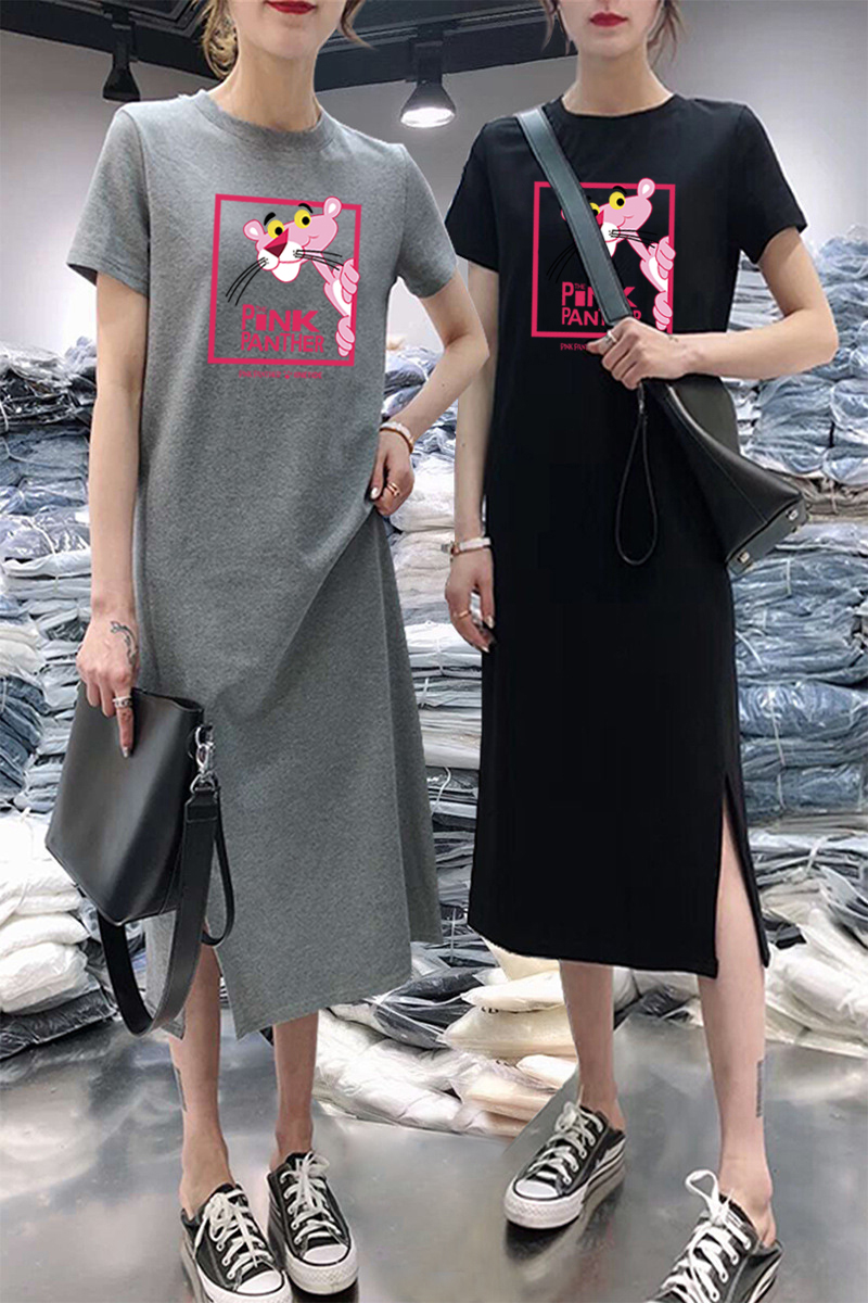 夏季新款短袖连衣裙女式休闲遮肚大码宽松中长款过膝打底T恤裙子