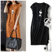 新款 短袖 女装 夏季 流行宽松显瘦卡通无袖 T恤连衣裙中长口袋仙女裙