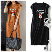 新款 短袖 女装 夏季 流行宽松显瘦卡通无袖 T恤连衣裙中长口袋仙女裙