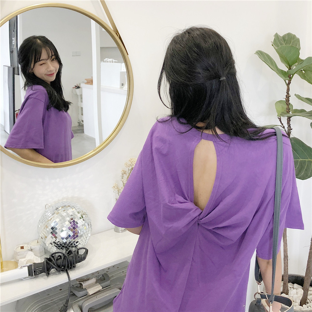 夏季新款女装半袖体恤后背镂空个性潮流性感原宿中长款短袖T恤女