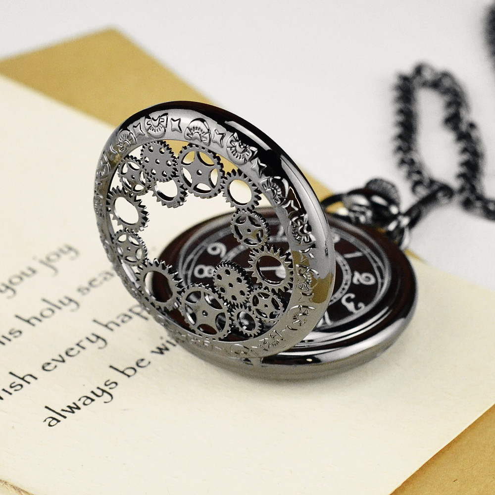 时尚镂空齿轮怀表男复古翻盖情侣男表学生石英表儿童礼物考试挂表