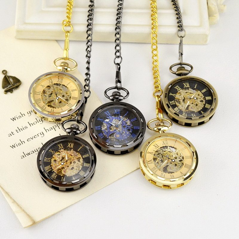 새로운 창조적 인 복고풍 향수 남성과 여성의 회중 시계 학생 로마 숫자 중공 펜던트 기계식 시계 노인 교수형 시계