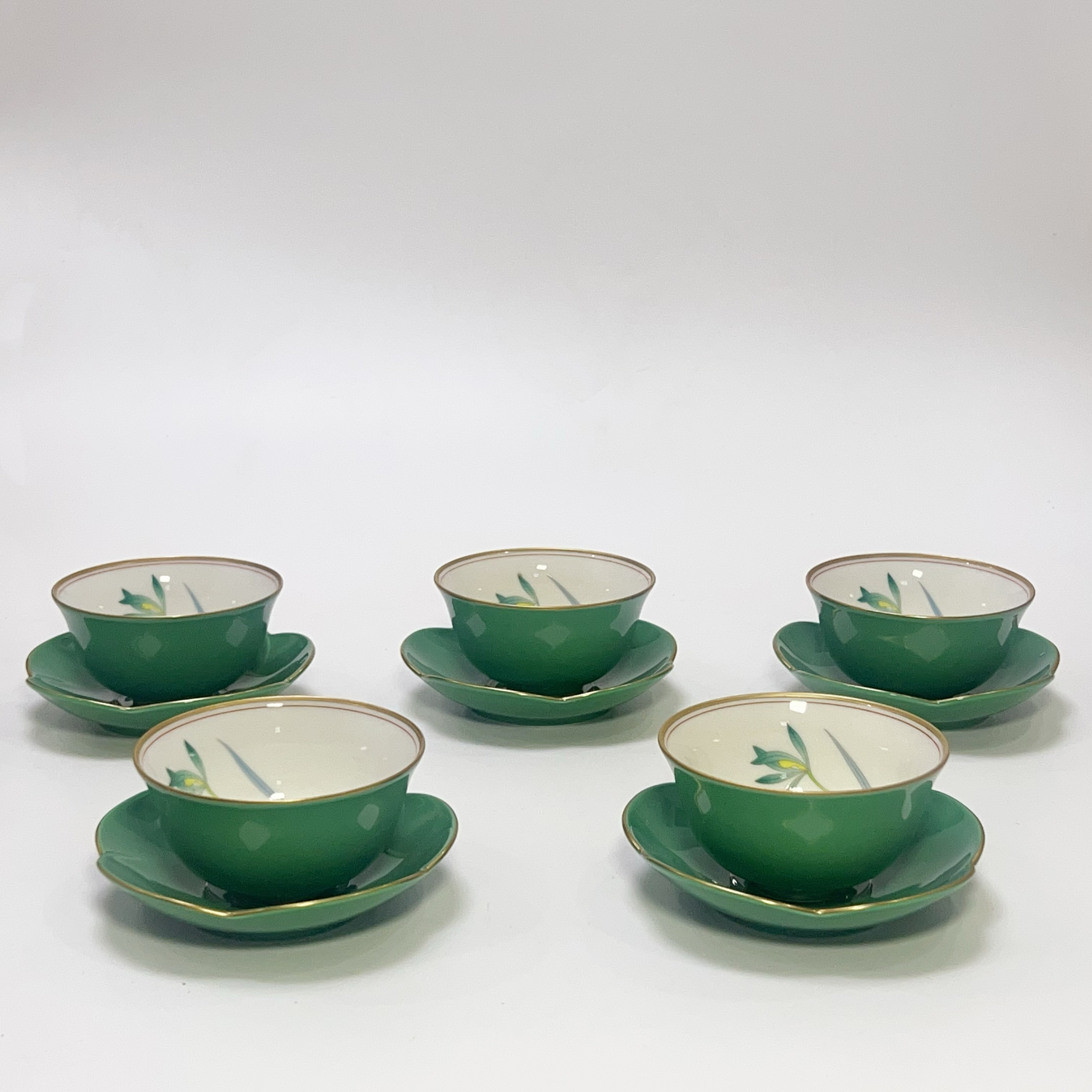 日本 回流 香兰社  绿釉描金 兰花  汤吞 茶杯 茶碗 杯碟套组