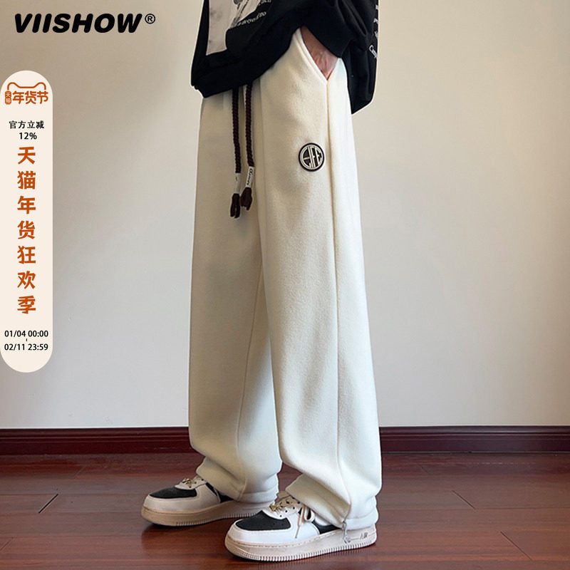 VIISHOW美式重磅摇粒绒休闲裤男款春秋季加绒加厚垂感抽绳直筒裤,男装,休闲裤,淘宝优惠券,粉丝福利购,淘宝优惠卷