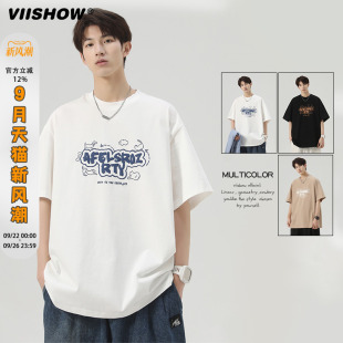 VIISHOW卡通字母短袖 潮牌宽松休闲oversize纯棉情侣上衣 t恤男夏季