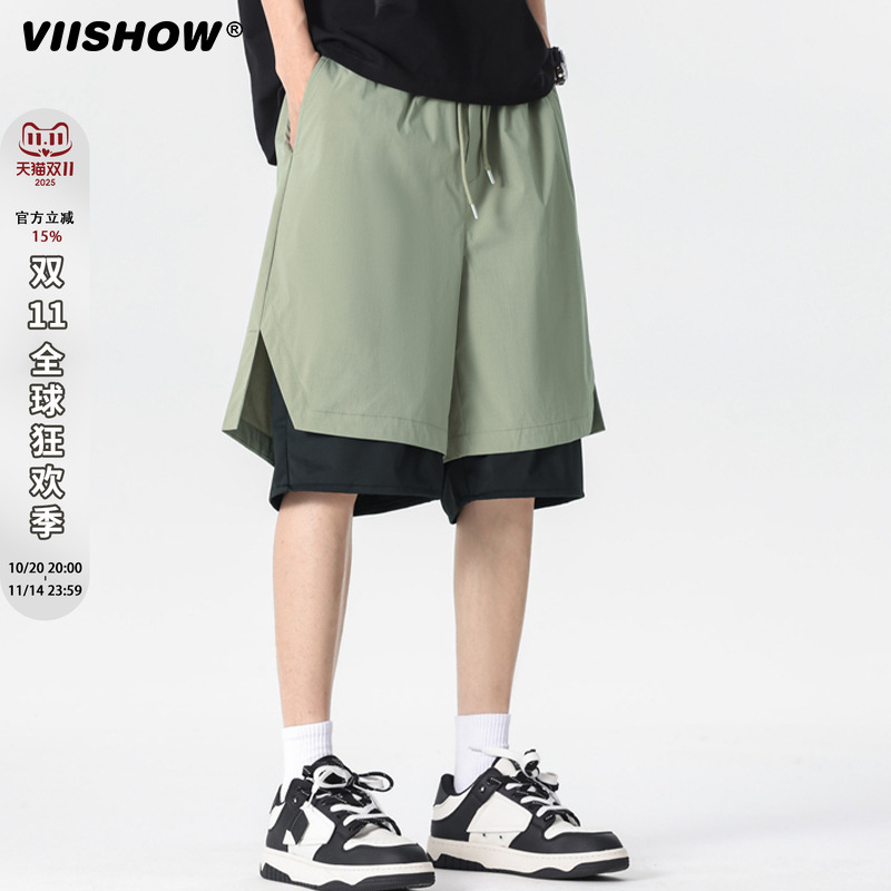VIISHOW2025年夏季新款假俩件休闲短裤男美式宽松五分裤5情侣潮牌