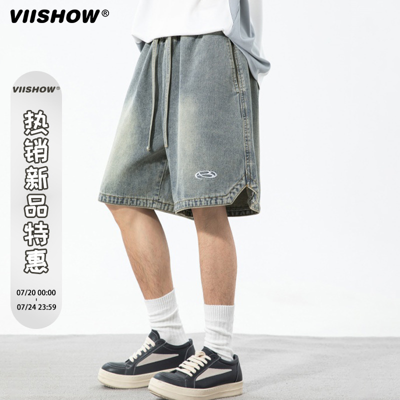 VIISHOW美式复古水洗直筒牛仔短裤男潮牌嘻哈街头宽松阔腿五分裤