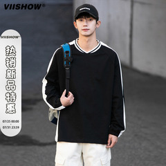 VIISHOW春季情侣宽松拼接撞色圆领长袖T恤男生日系条纹慵懒感上衣