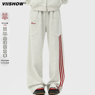 VIISHOW复古条纹拼接刺绣运动卫裤 男女潮牌宽松情侣阔腿休闲长裤