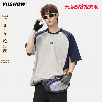 VIISHOW美式撞色拼接短袖T恤男女夏季重磅复古骑行服潮牌运动半袖