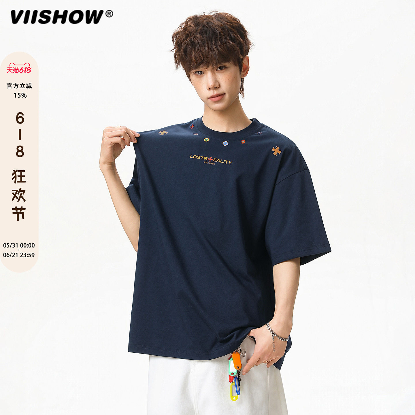 VIISHOW美式纯棉刺绣休闲T恤夏季潮牌宽松情侣半袖男士百搭短袖