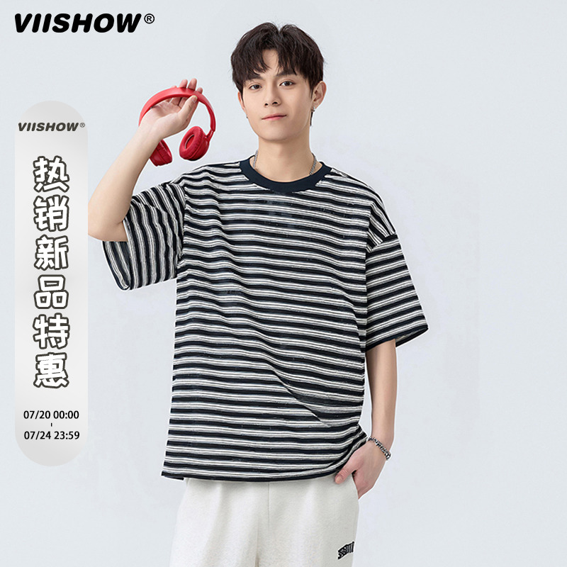 VIISHOW潮牌日系黑白条纹圆领短袖T恤男女夏季宽松情侣百搭上衣