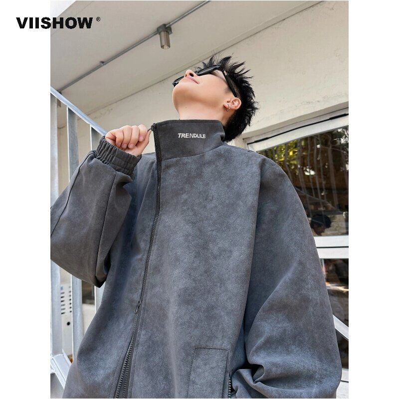 VIISHOW潮流立领夹克男宽松拉链外套灰色休闲上衣高级感男装秋冬